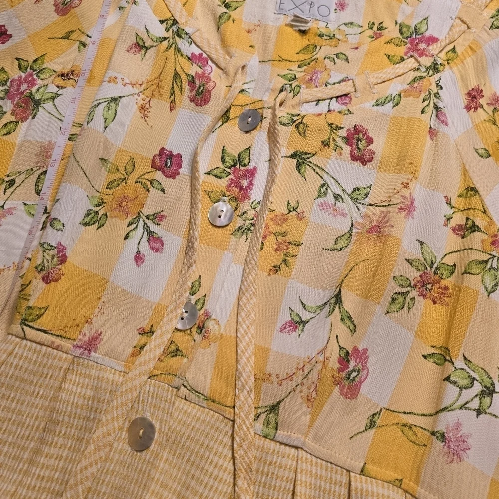 VTG Expo Mixed Print Midi Dress Yellow Gingham Floral Cottagecore Button Front 8